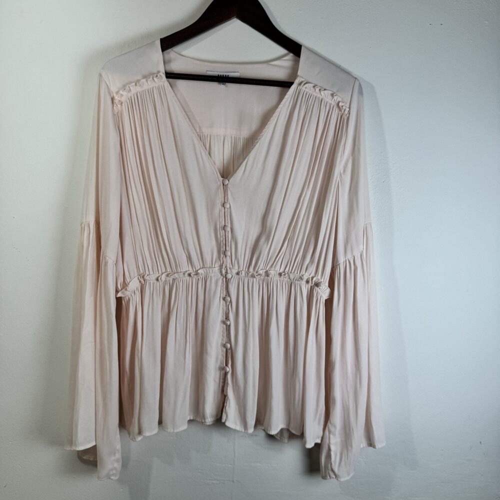 RO&DE Blush Pink Button Down Blouse L  Pleated Peasant Boho Babydoll Cottagecore